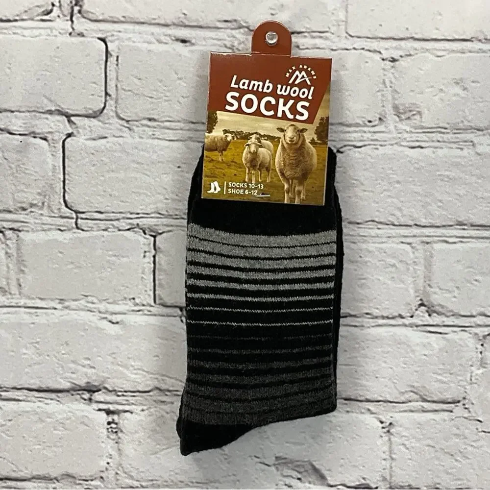 Max Adams Lamb Wool Socks Men's Size 10-13 Black/Gray Stripe Ombre 2 Pair Casual